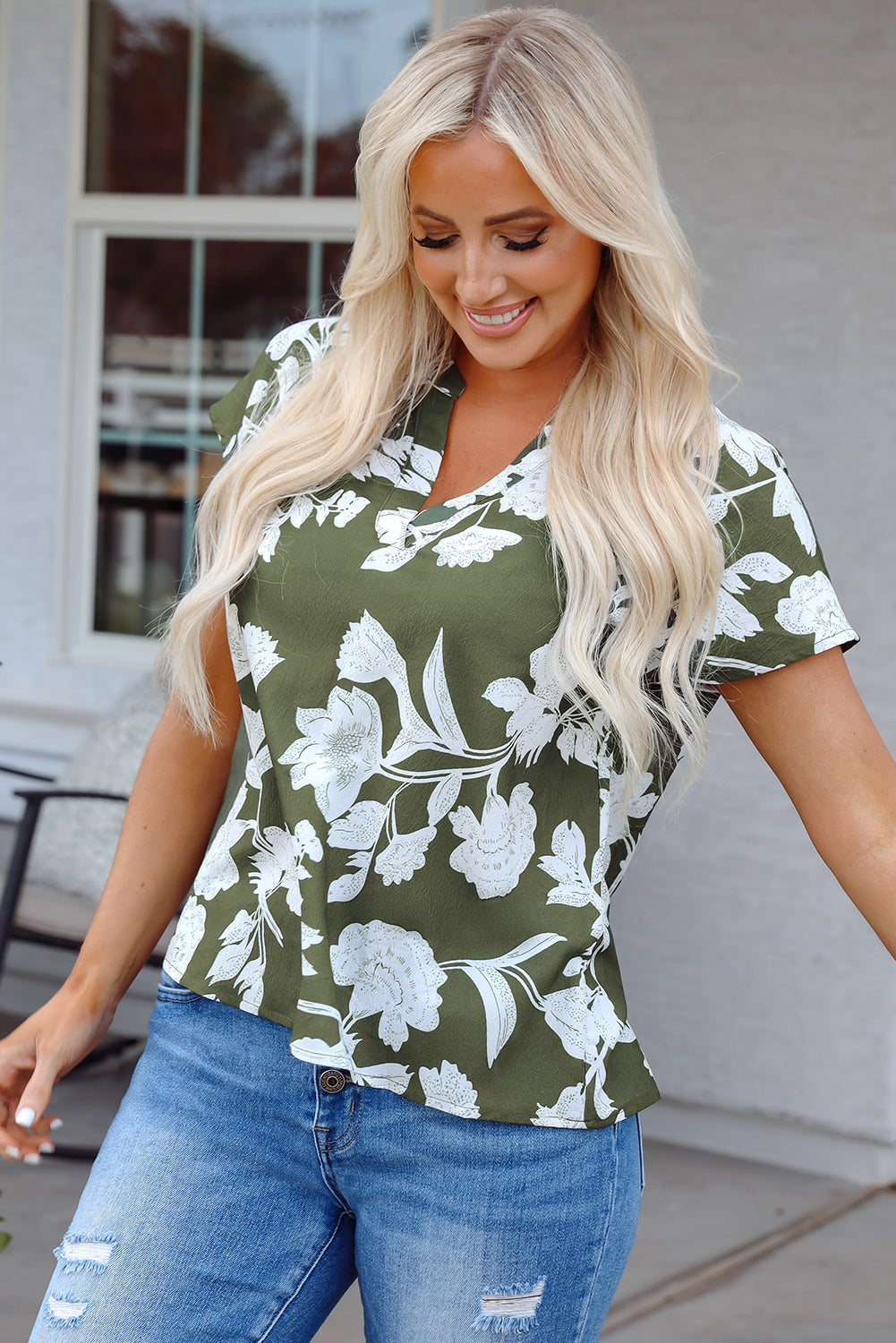 Threaded Pear Floral Split Neck Short Sleeve Blouse