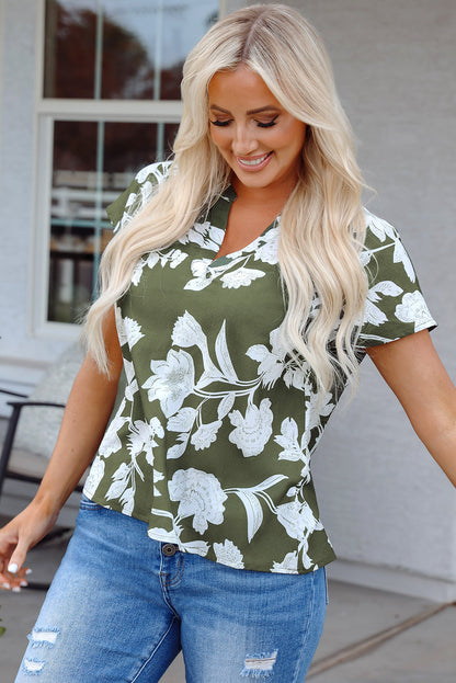 Threaded Pear Floral Split Neck Short Sleeve Blouse