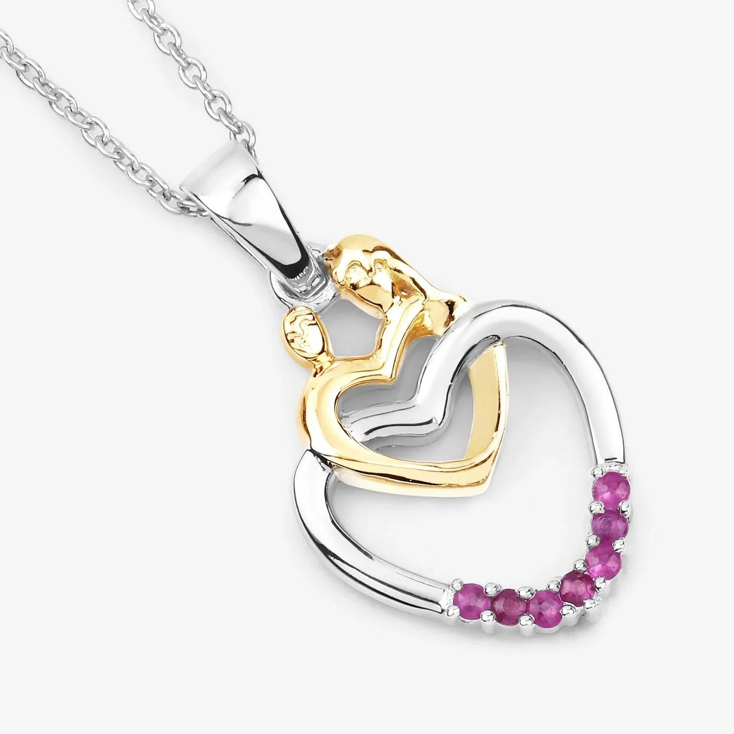 Round Pink Ruby Prong Silver Double Heart Pendant Necklace