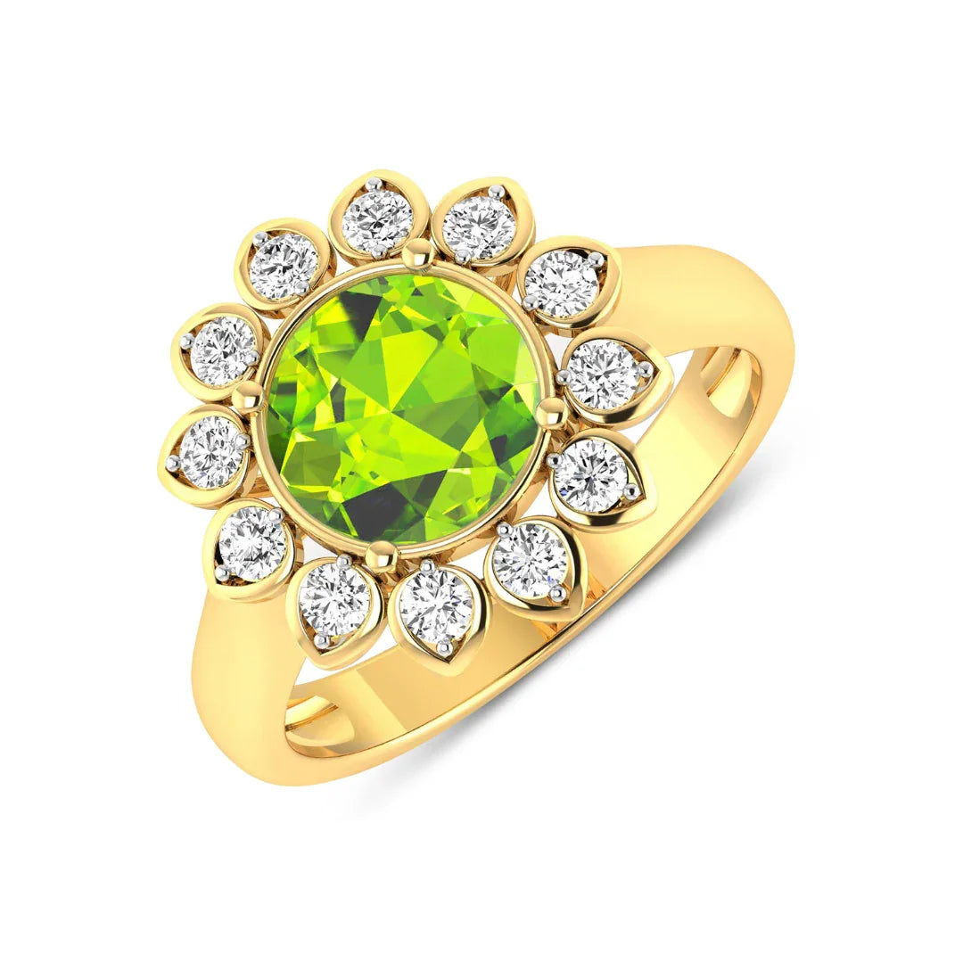 2.21 Ct Round Green Peridot and White Diamond Prong Silver Halo Floral Ring