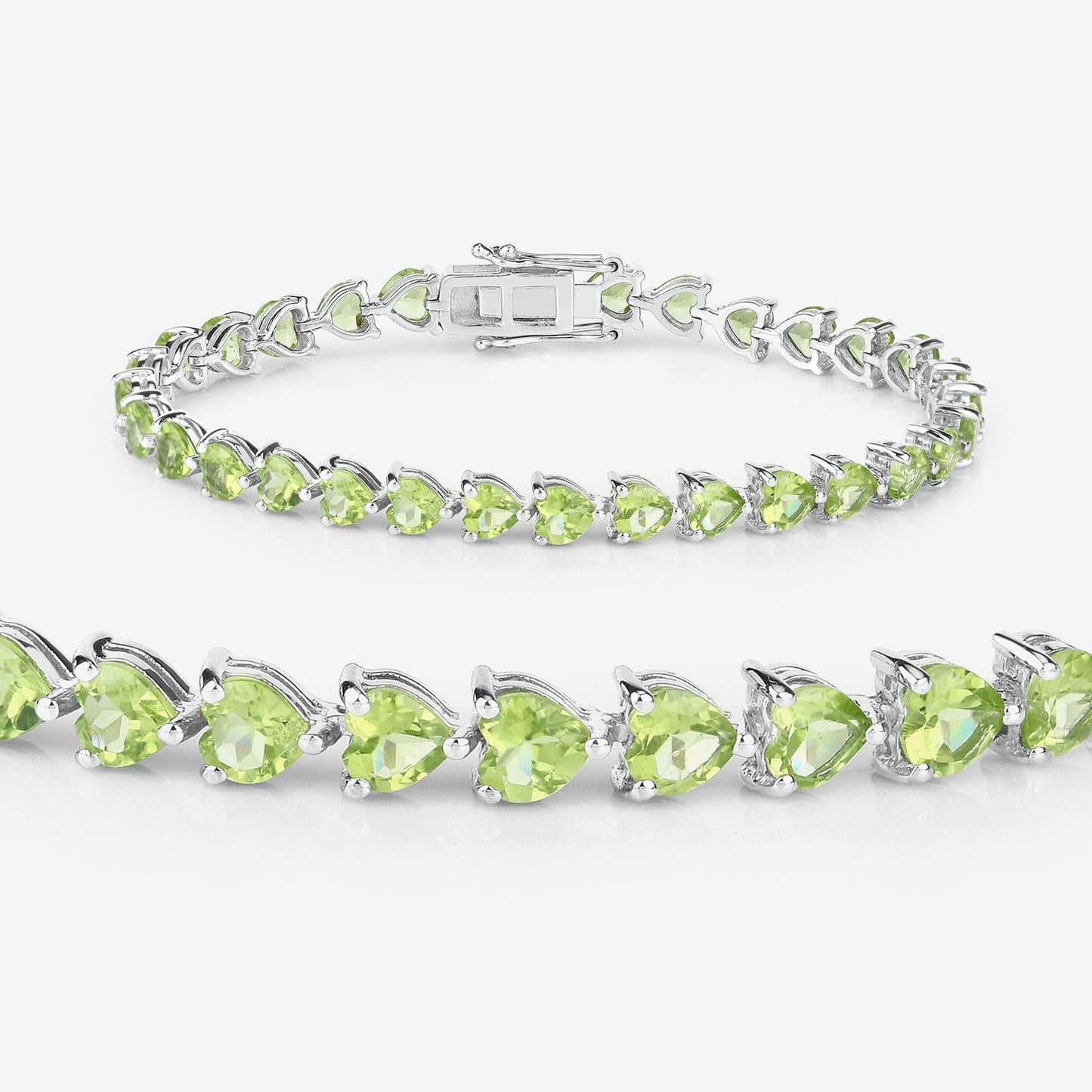 13.64 Ct Heart Green Peridot Prong Sterling Silver Box Clasp Tennis Bracelet