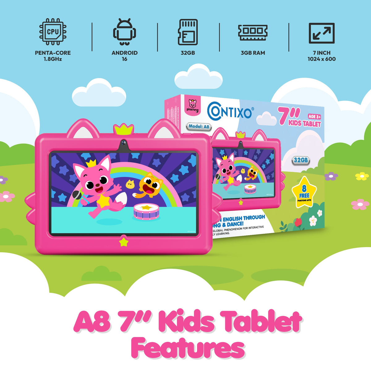 Pinkfong Baby Shark A8 7” Kids Tablet by Contixo | Android 16, 32GB