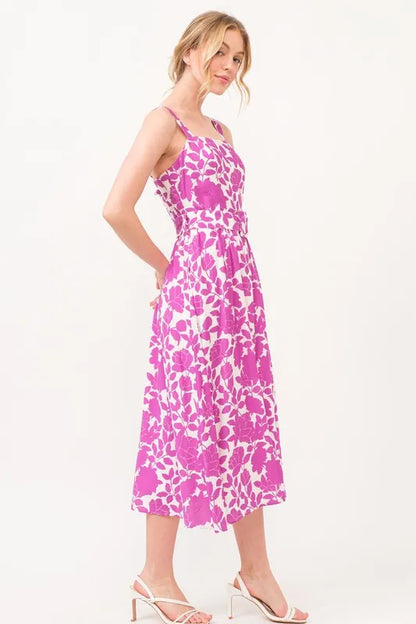And The Why Square Neck Belted Floral Printed Midi Dress