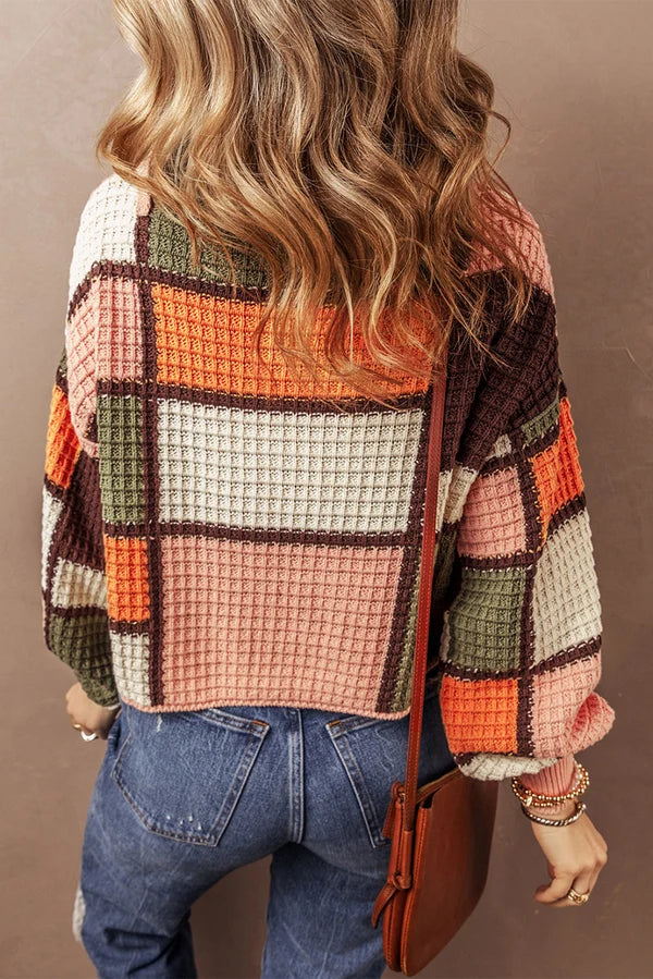 Threaded Pear Zoey Waffle Knit Drawstring Mock Neck Sweater