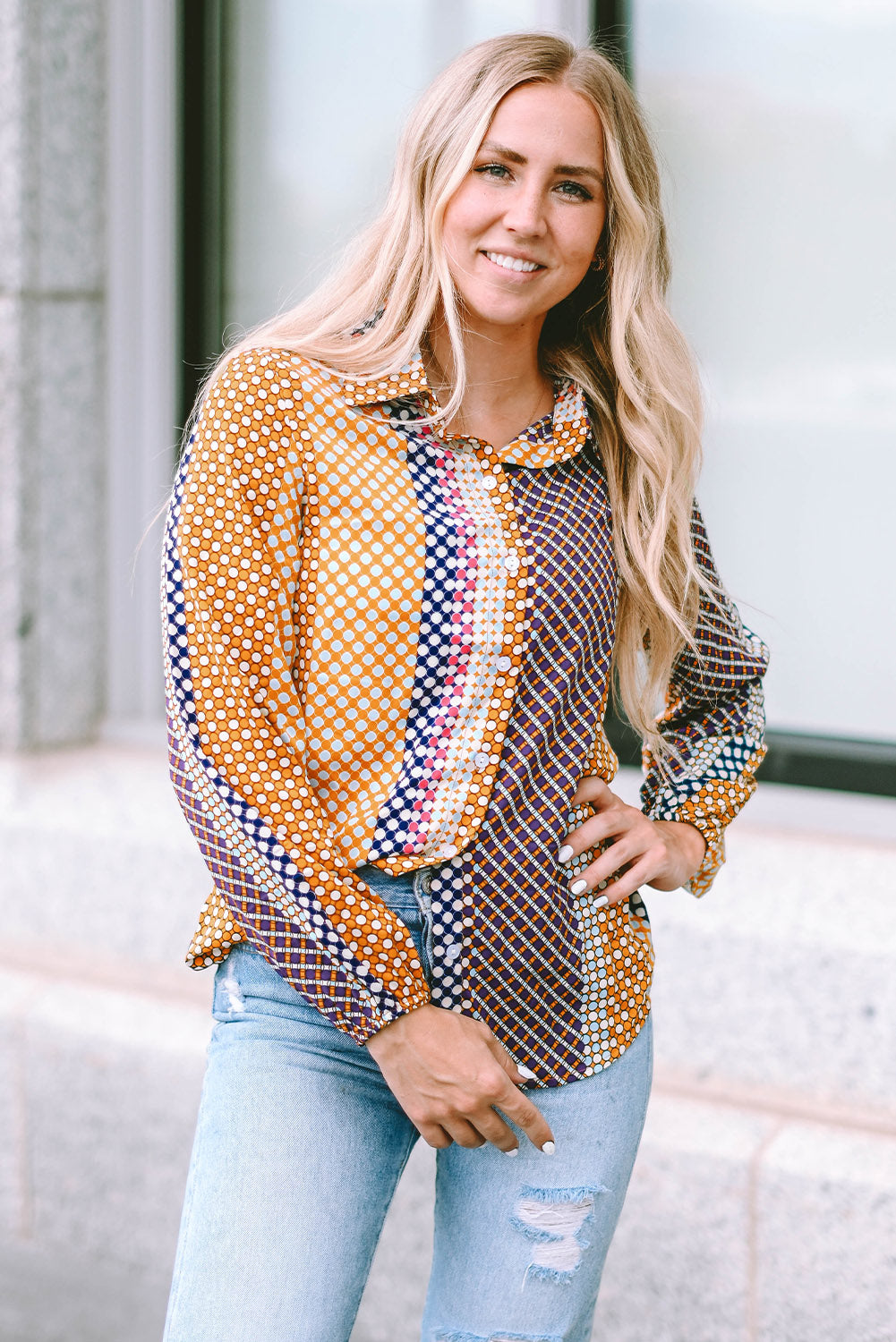 Threaded Pear Brown Dot Print Long Sleeve Button Down Shift PLUS Shirt