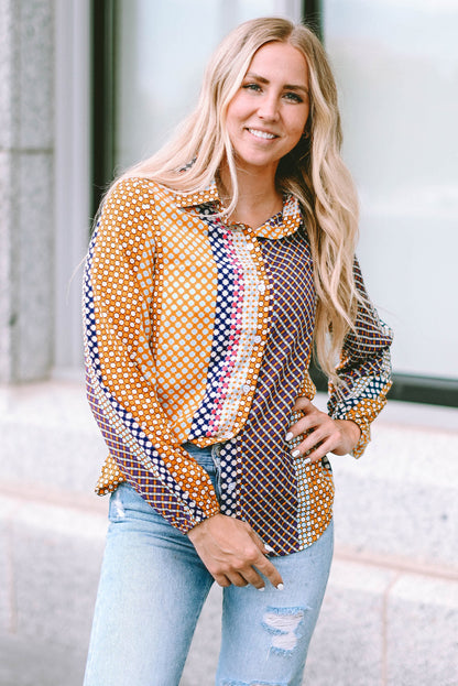 Threaded Pear Brown Dot Print Long Sleeve Button Down Shift PLUS Shirt