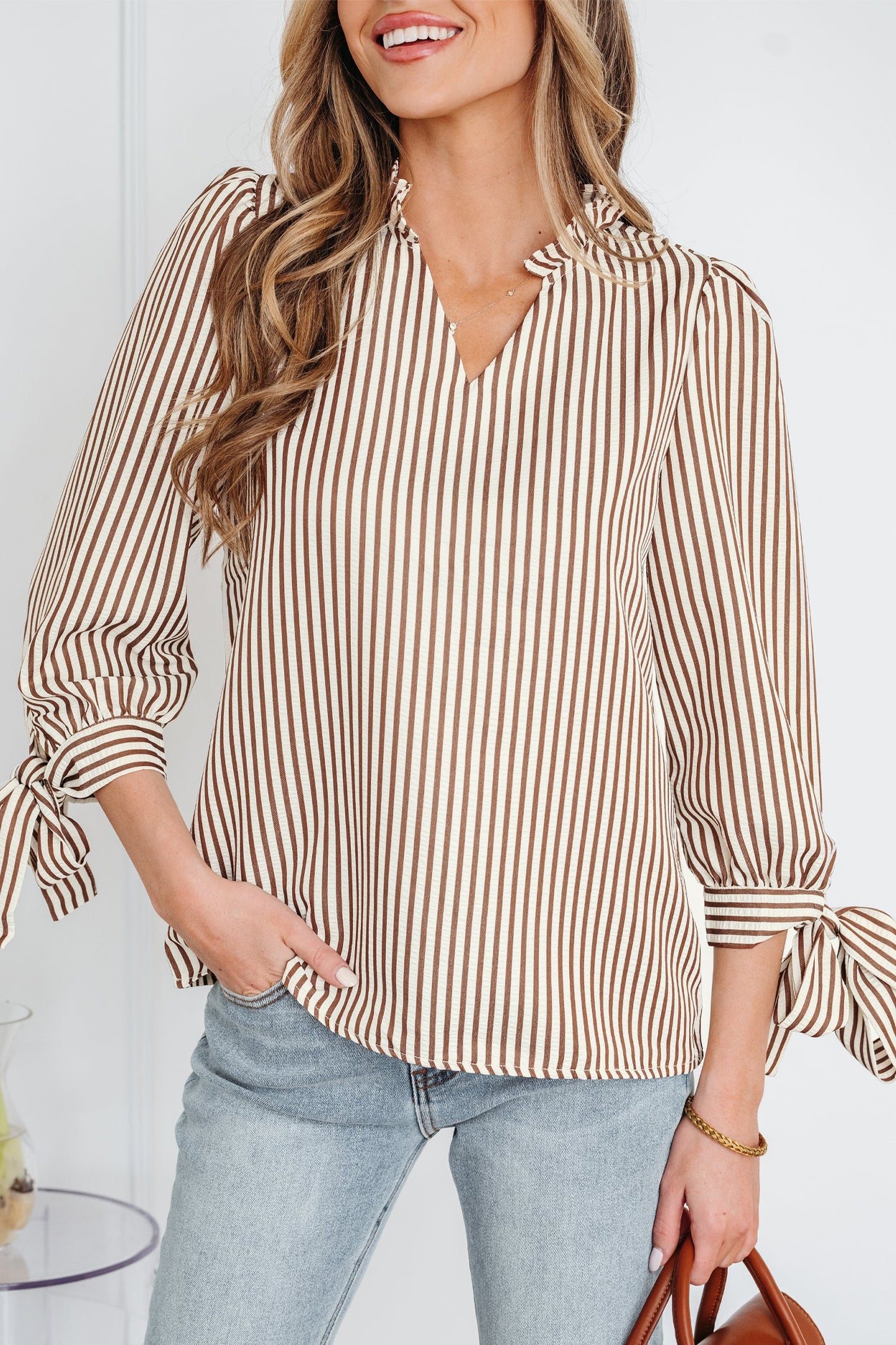 Threaded Pear Blair Tied Cuffs Seersucker Blouse