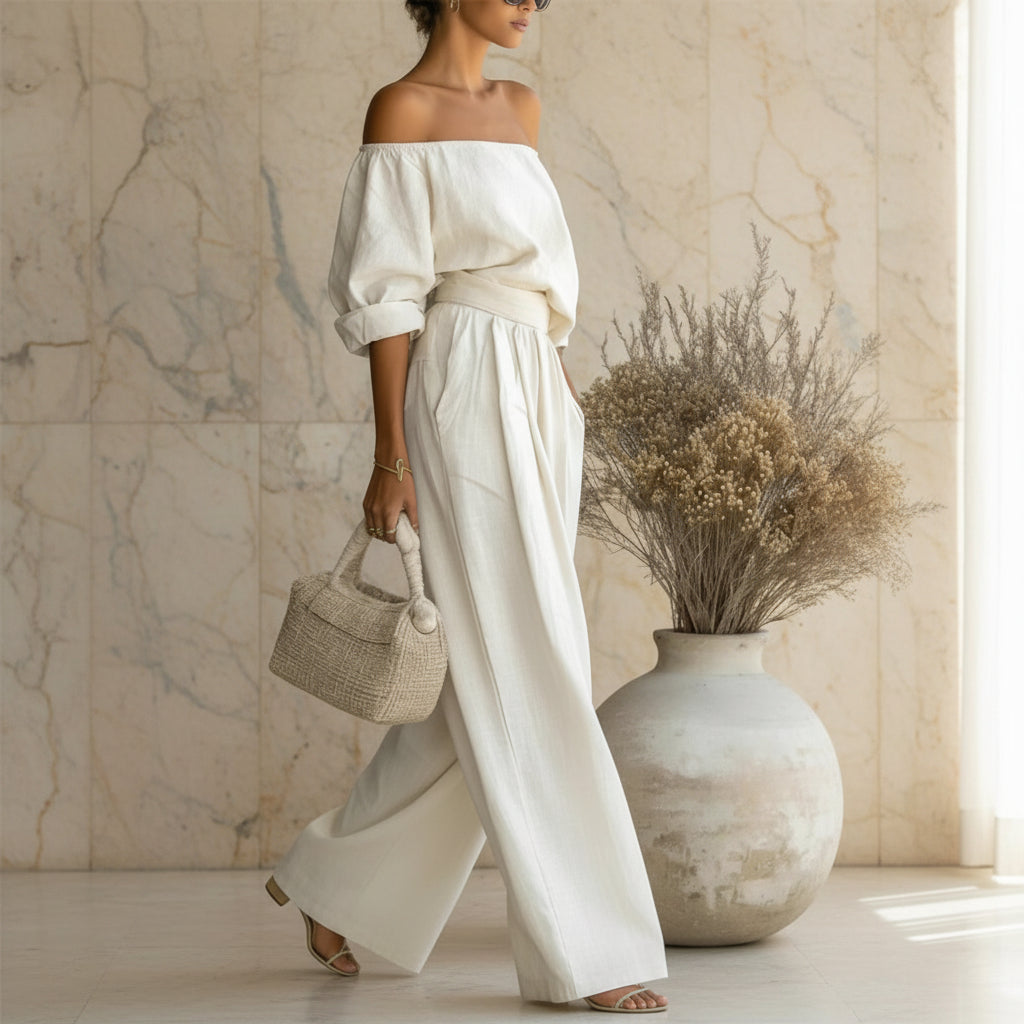 Women's Off-Shoulder Puff Sleeve Blouson Top & High-Rise Wide-Leg Pants Cotton-Linen Set