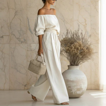 Women's Off-Shoulder Puff Sleeve Blouson Top & High-Rise Wide-Leg Pants Cotton-Linen Set