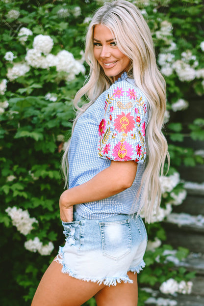 Threaded Pear Pearl Gingham Floral Embroidered Puff Sleeve Blouse