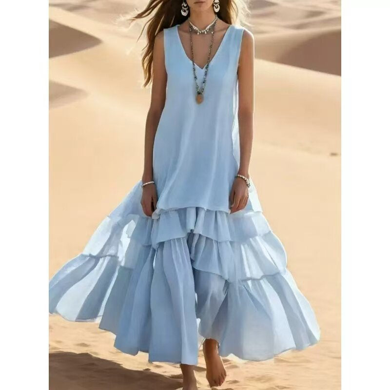 Loose Umbrella Skirt Sleeveless Maxi Dress | Cotton-Linen Style Light Blue / XXXL Loose Umbrella Skirt Sleeveless Maxi Dress | Cotton-Linen Style Light Blue / XXXL