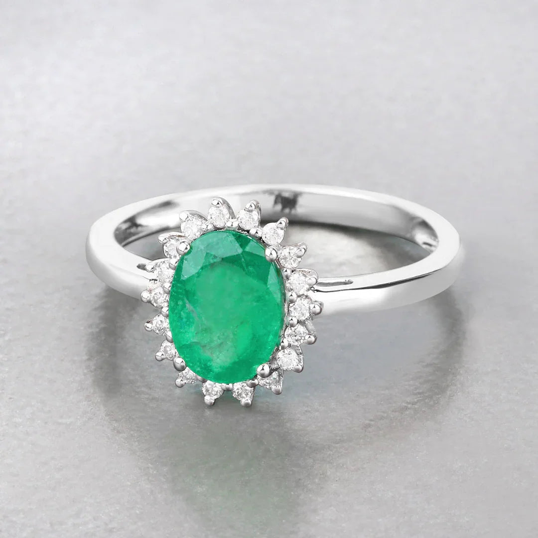 1.20 Ct Oval Green Zambian Emerald Diamond Prong 10k Gold Halo Ring