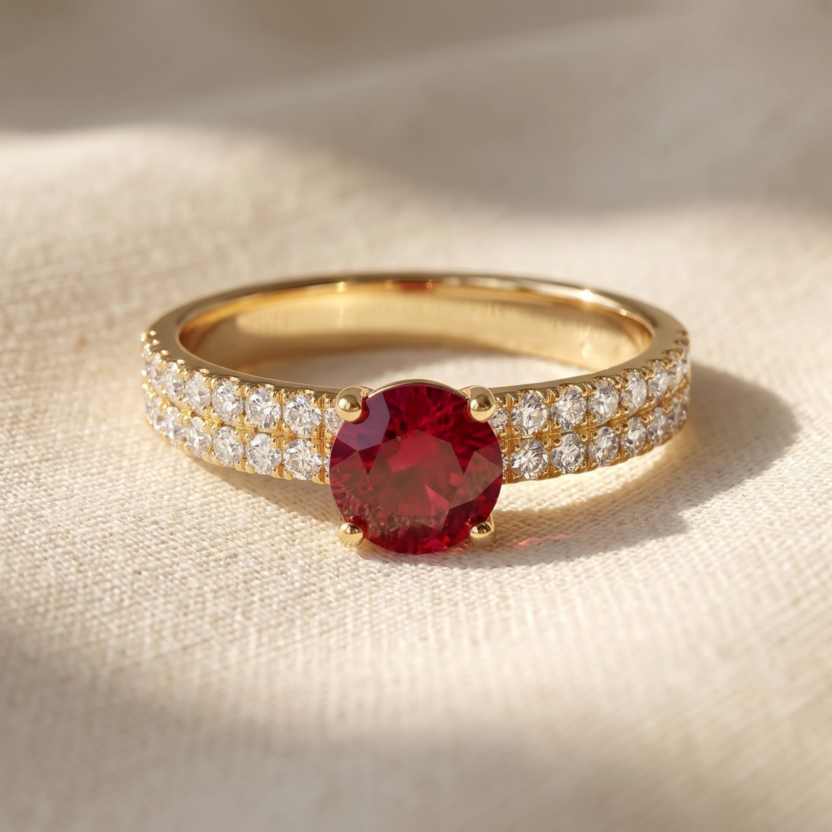 1.36 Cttw Round Gemstone Pave Diamond Double Row Band 14k Yellow Gold Engagement Ring
