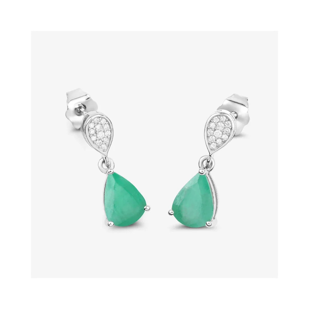 Pear Green Zambian Emerald Diamond Prong 10K Gold Teardrop Dangle Earrings