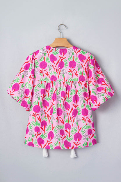 Threaded Pear Jade Patchwork Tassel Tie Blouse