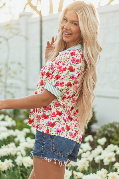 Threaded Pear Romy Floral Striped Patchwork Collared Short Sleeve Blouse