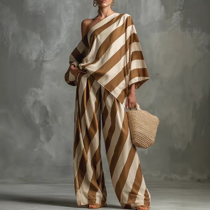 Women's Retro Striped Batwing Top & Wide-Leg Pants Two-Piece Set