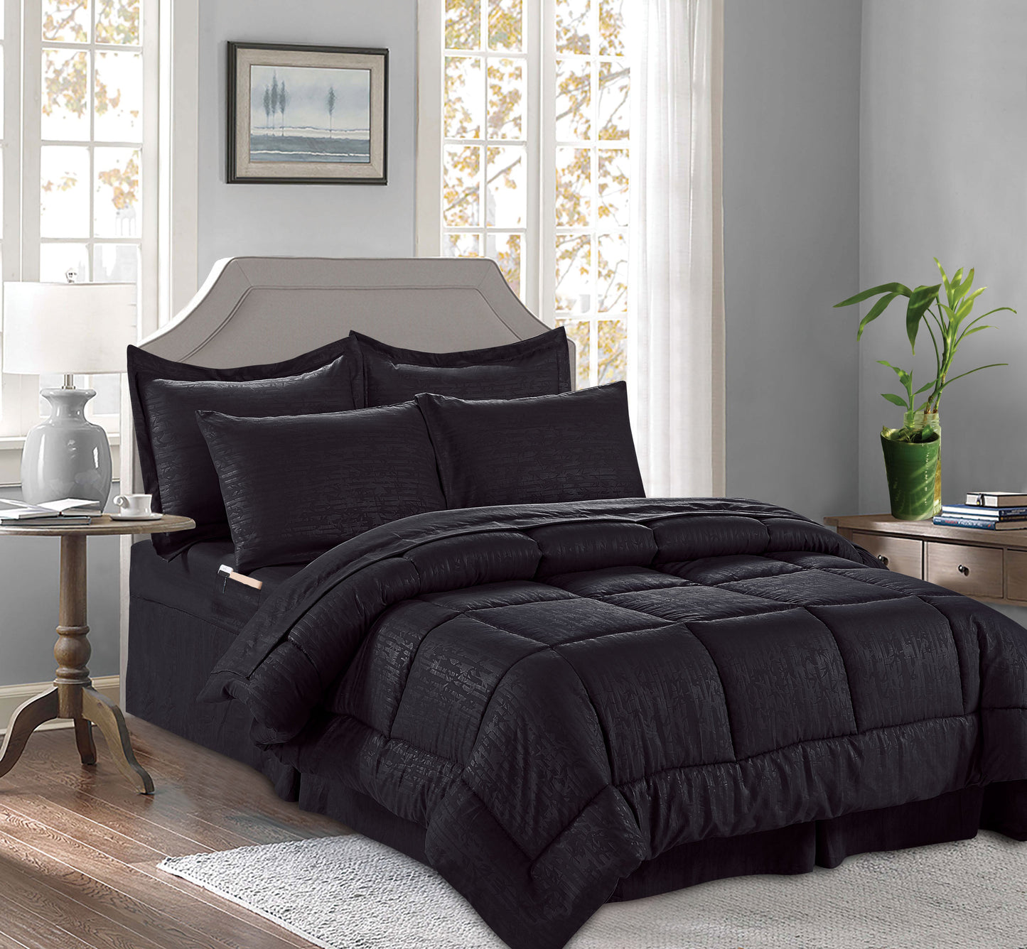 Mocassi 8 Piece Bamboo Pattern Comforter - Bed-in-a-Bag Includes Bed Sheet Set with Double Sided Storage Pockets.