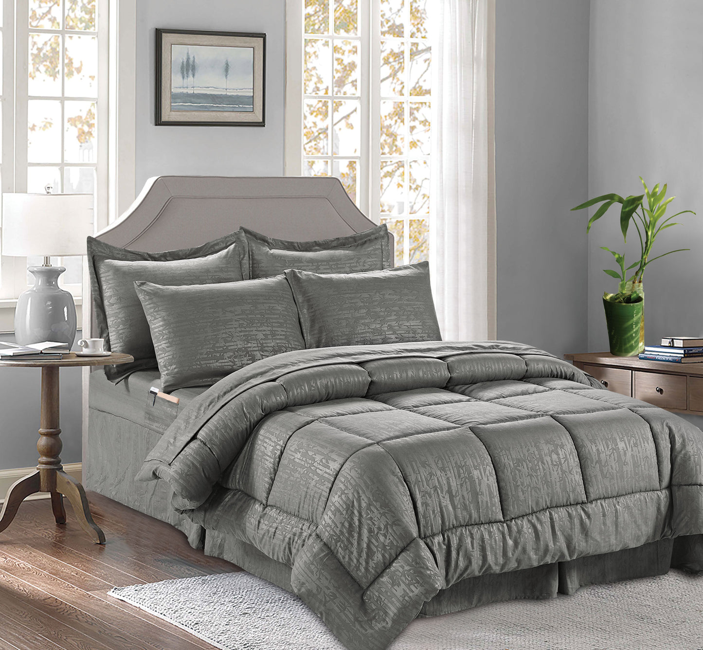Mocassi 8 Piece Bamboo Pattern Comforter - Bed-in-a-Bag Includes Bed Sheet Set with Double Sided Storage Pockets.