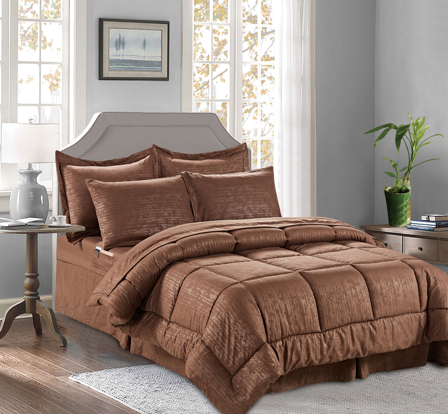 Mocassi 8 Piece Bamboo Pattern Comforter - Bed-in-a-Bag Includes Bed Sheet Set with Double Sided Storage Pockets.
