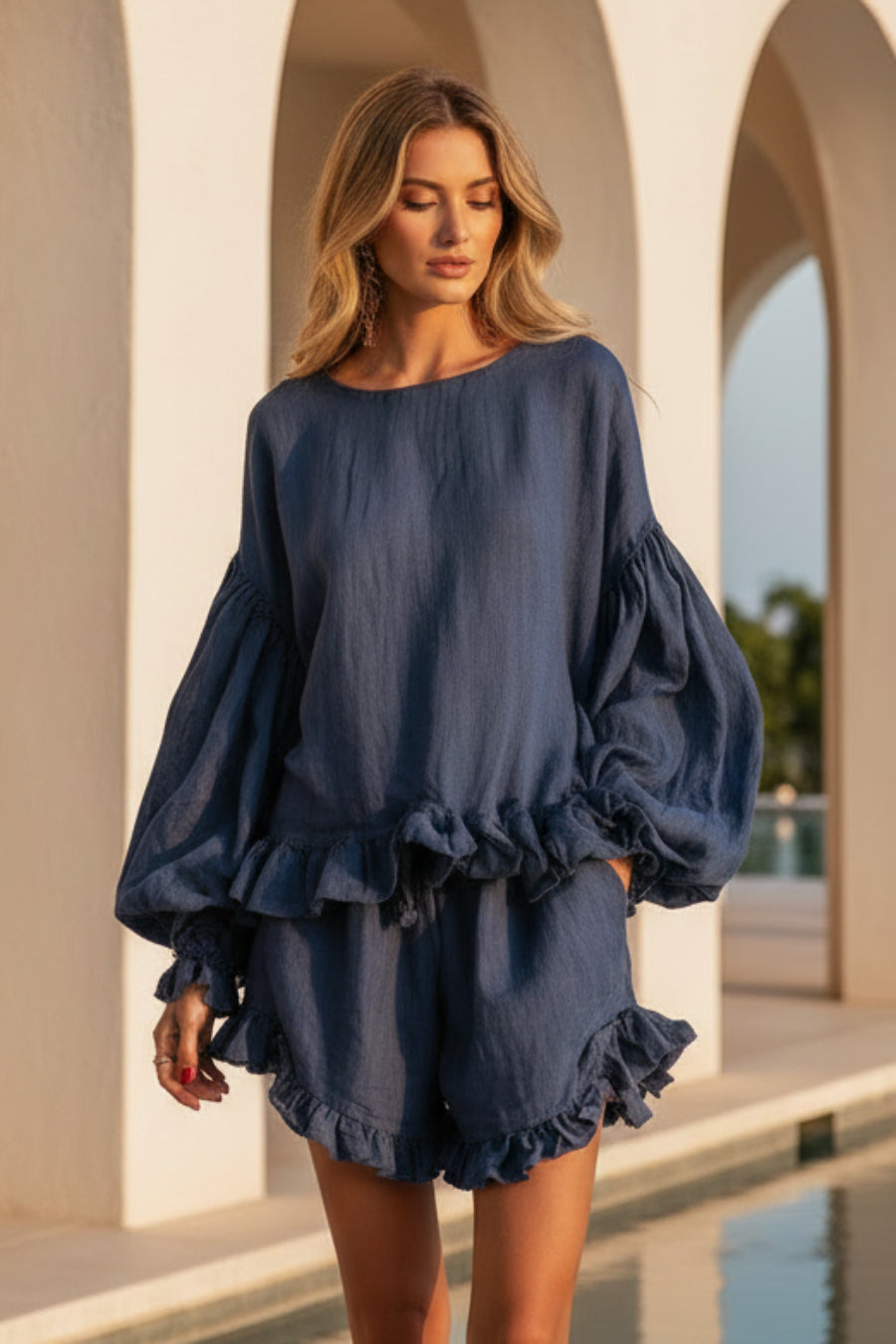 Women's Lantern Sleeve Ruffle Hem Top & Ruffle Shorts Linen-Style Two-Piece Set