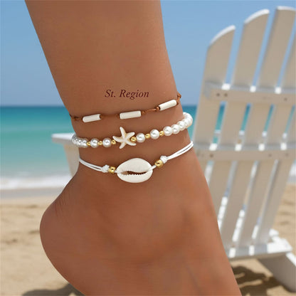 Pearl & White Resin Goldtone Cylinder Starfish Shell Charm Anklet Set
