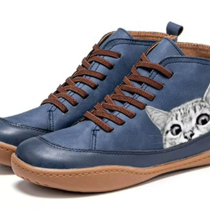Cat Print Striped Ankle Sneakers