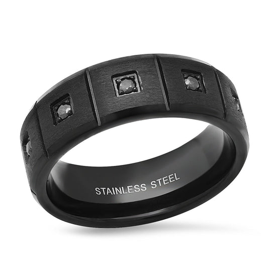 Black IP Stainless Steel And Black Simulated Diamonds Band Ring