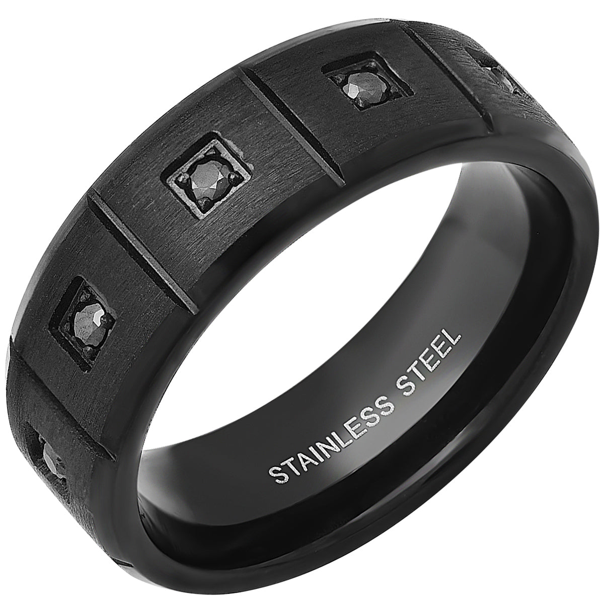 Black IP Stainless Steel And Black Simulated Diamonds Band Ring