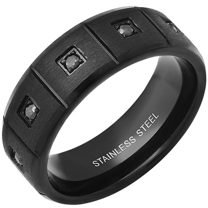 Black IP Stainless Steel And Black Simulated Diamonds Band Ring