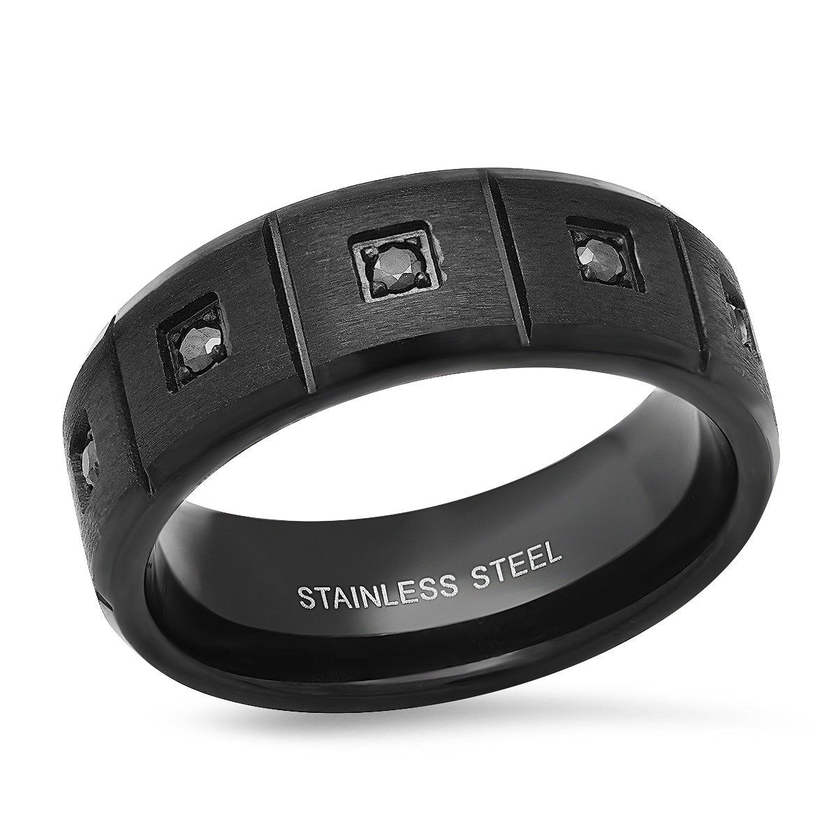 Black IP Stainless Steel And Black Simulated Diamonds Band Ring