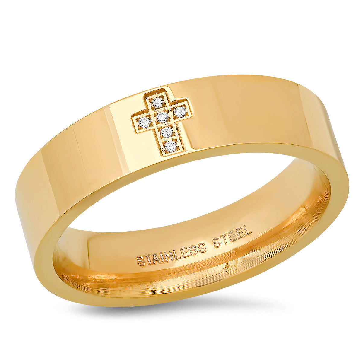 18K Gold Plated Stainless Steel And Simulated Diamonds Cross Band Ring