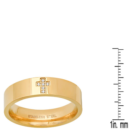 18K Gold Plated Stainless Steel And Simulated Diamonds Cross Band Ring