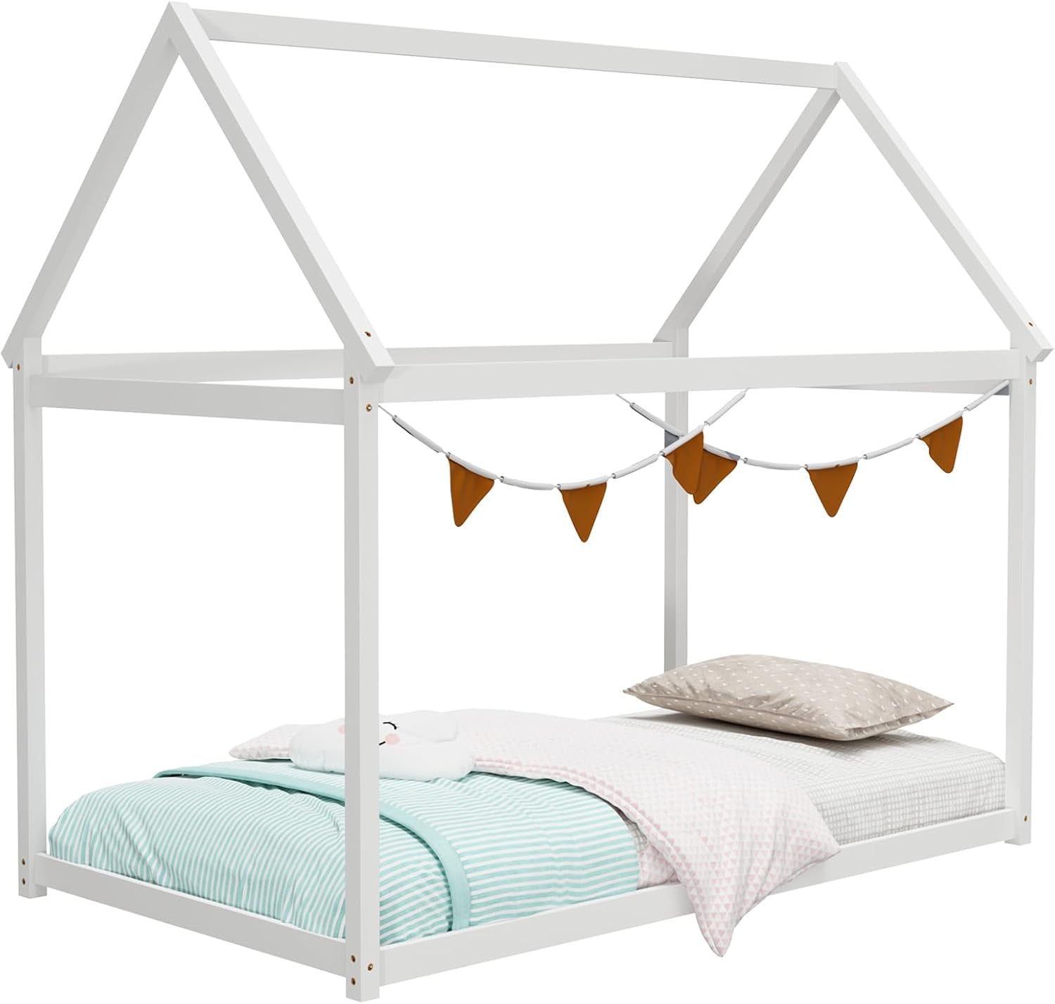Twin House Bed, Wood Montessori Bed Frame with House Roof Canopy, Low Floor Bed with Sturdy Wood Slat Support, No Box Spring Needed, Twin Playhouse Bed for Kids Teens Boys Girls (White)