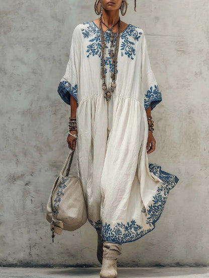 midi dress loose fit Cotton Midi Dress Stripe Hand Block Print