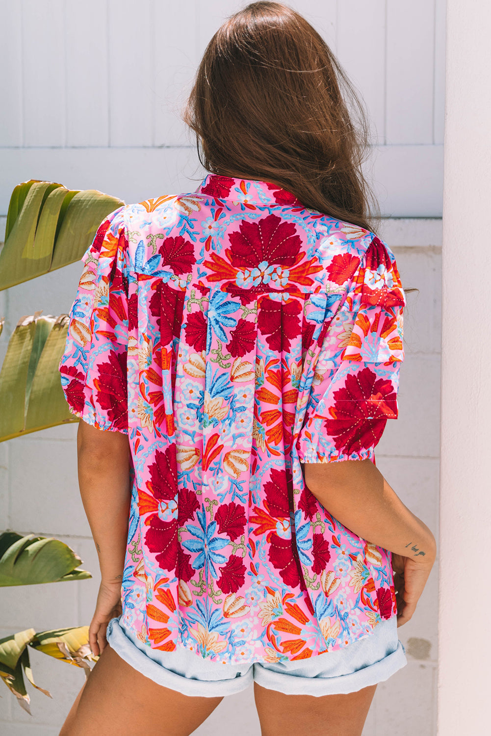 Threaded Pear Mikaela Floral Bubble Sleeve Button Up Pleated Shirt