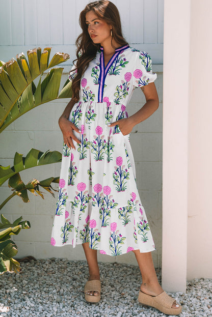 Threaded Pear Julietta Floral Puff Short Sleeve V Neck High Waist Maxi Dress