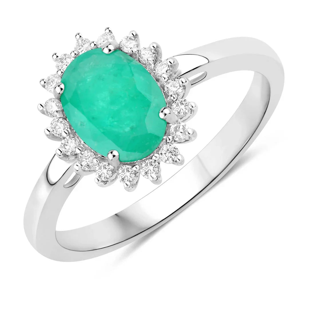 1.20 Ct Oval Green Zambian Emerald Diamond Prong 10k Gold Halo Ring