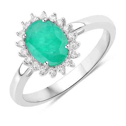 1.20 Ct Oval Green Zambian Emerald Diamond Prong 10k Gold Halo Ring