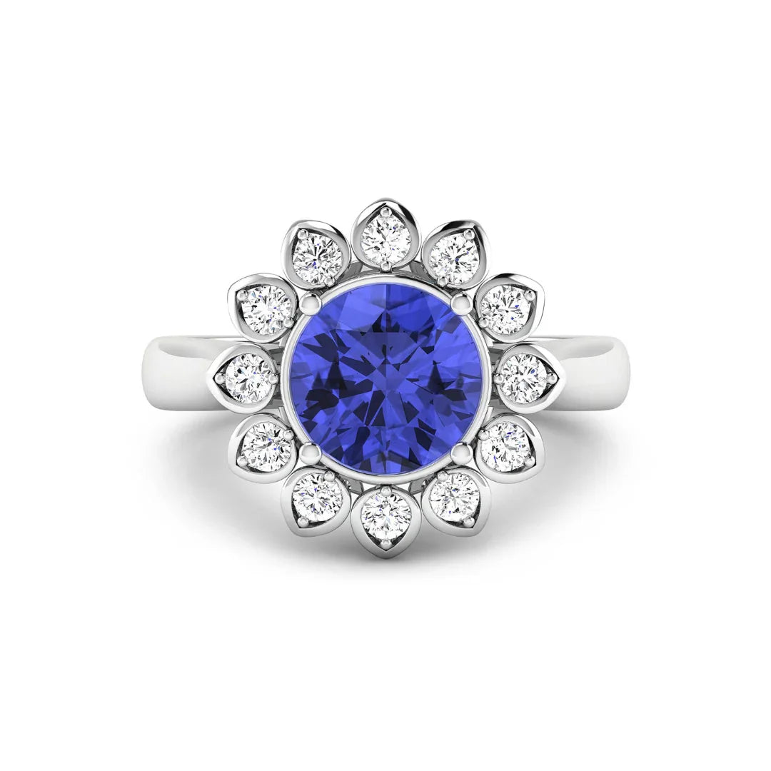2.38 Ct Round Violet Tanzanite and White Diamond Prong 14k Gold Halo Statement Floral Ring
