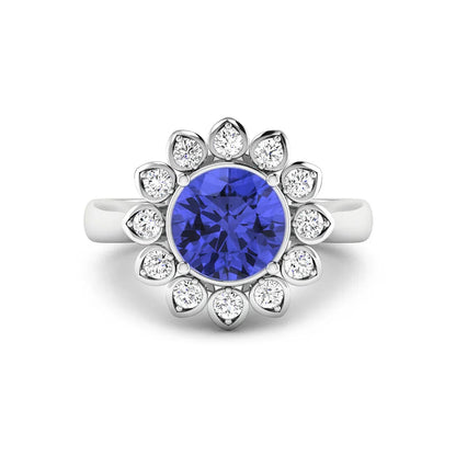 2.38 Ct Round Violet Tanzanite and White Diamond Prong 14k Gold Halo Statement Floral Ring