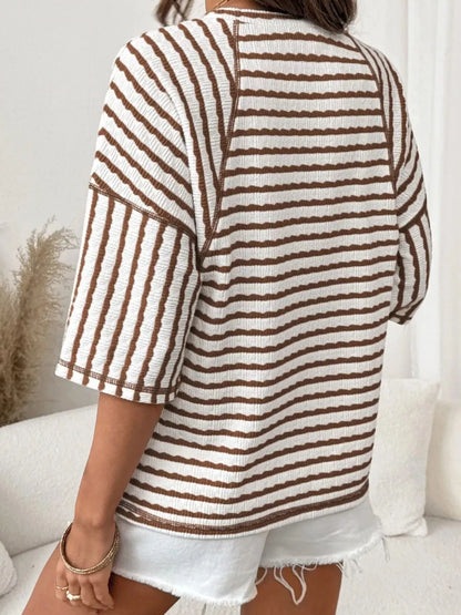 Casual Striped Raglan Sleeve Textured T-Shirt