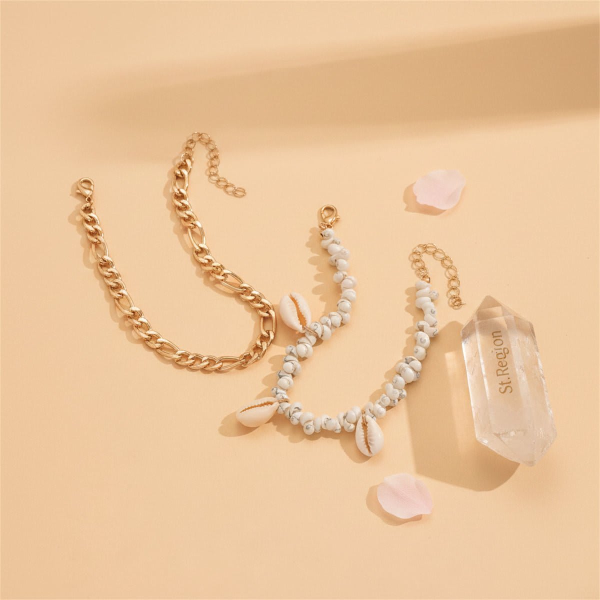 Genuine Shell & Goldtone Irregular Beads Anklet Set