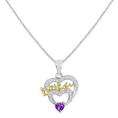 Heart Purple Amethyst Prong Silver Mom Charm Necklace