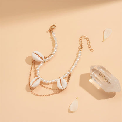 Pearl & Shell Goldtone Layered Anklet