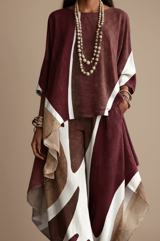 Women's Abstract Geometric Color-Block Asymmetric Draped Tunic & Wide-Leg Palazzo Pants Set
