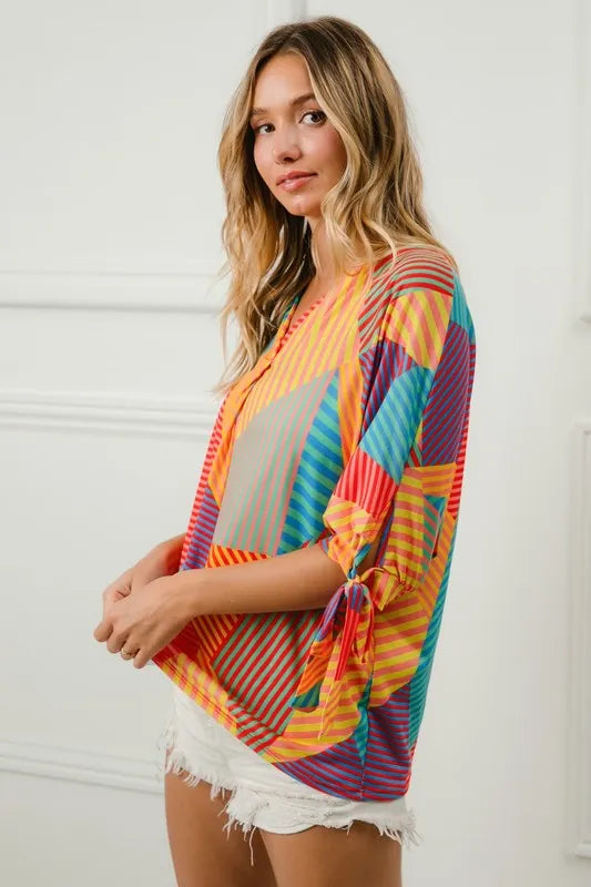 BiBi Multi Stripe Block Printed Jersey Blouse with Tied Sleeves