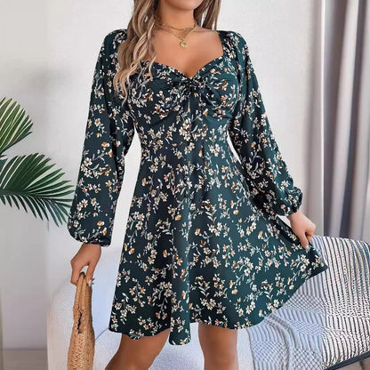 Mandotos Floral Print Lantern Sleeve Dress Red Tie Square Neck A Line Long Sleeve