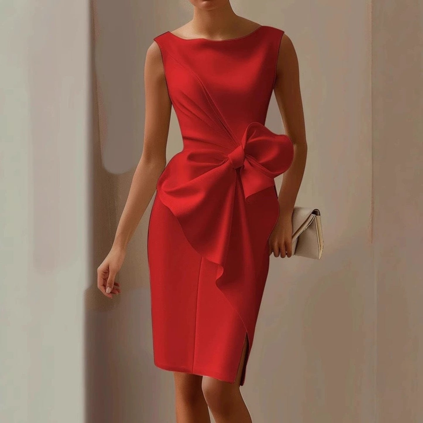 Women's Bow-Knot Sleeveless Midi Dress – High Waist A-Line
