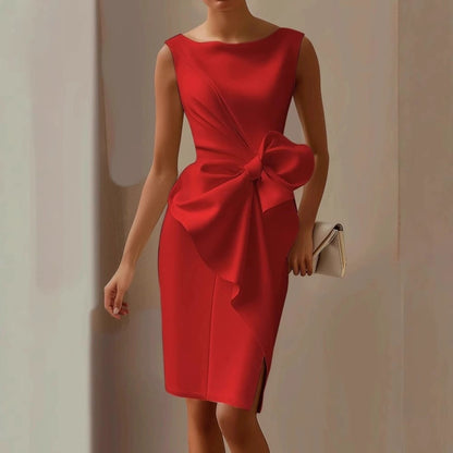 Women's Bow-Knot Sleeveless Midi Dress – High Waist A-Line